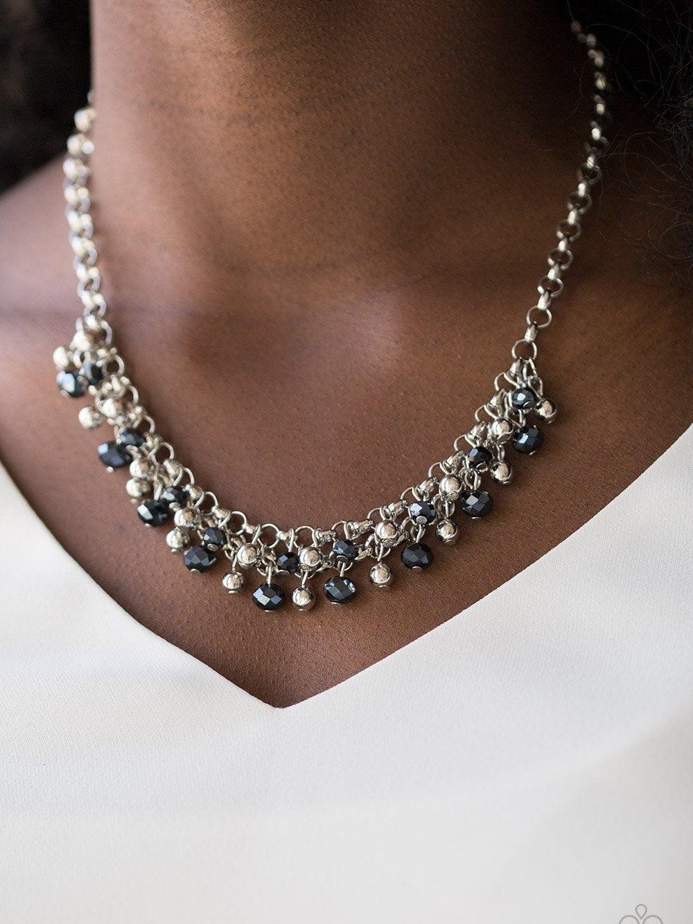 Silver Chain Necklace with Black Bead Fringe